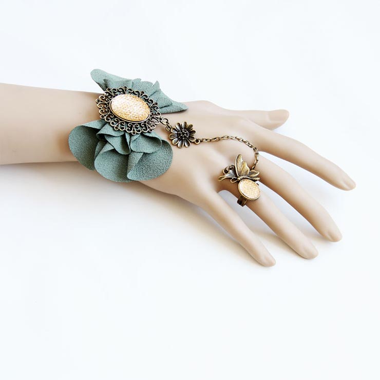 Vintage Bracelet, Vintage Green Bowknot  Bracelet, Cheap Wristband, Gothic Green Bracelet, Victorian Black Velvet Bracelet, Retro Green Wristband, Bracelet with Ring, #J18121