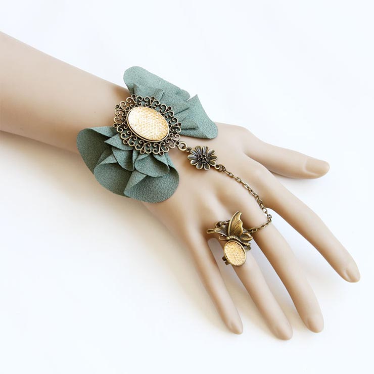 Vintage Bracelet, Vintage Green Bowknot  Bracelet, Cheap Wristband, Gothic Green Bracelet, Victorian Black Velvet Bracelet, Retro Green Wristband, Bracelet with Ring, #J18121