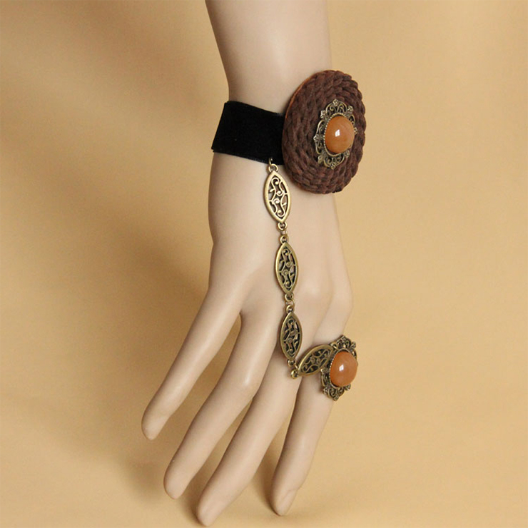 Vintage Black Bracelet, Gothic Black Bracelet, Cheap Wristband, Victorian Black Bracelet, Retro Black Wristband, Bracelet with Ring, #J18067