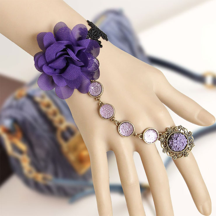 Vintage Bracelet, Retro Purple Gem  Bracelet, Cheap Wristband, Gothic Black Bracelet, Victorian Black Lace Bracelet, Retro Black Wristband, Bracelet with Ring, #J18075