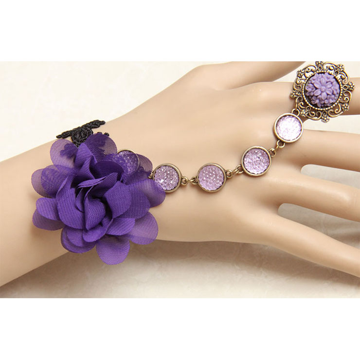 Vintage Bracelet, Retro Purple Gem  Bracelet, Cheap Wristband, Gothic Black Bracelet, Victorian Black Lace Bracelet, Retro Black Wristband, Bracelet with Ring, #J18075