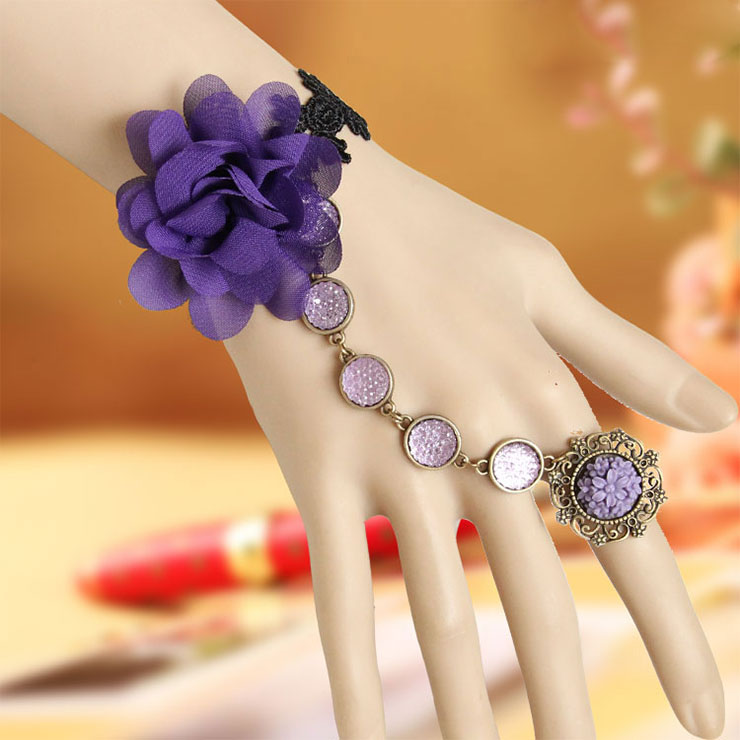 Vintage Black Wristband Purple Gem Embellished Bracelet with Ring J18075