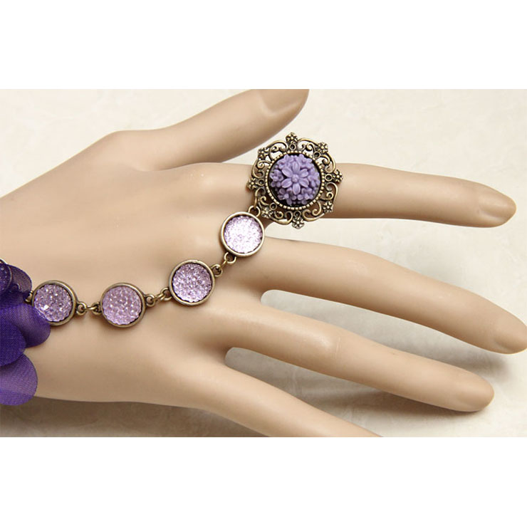 Vintage Bracelet, Retro Purple Gem  Bracelet, Cheap Wristband, Gothic Black Bracelet, Victorian Black Lace Bracelet, Retro Black Wristband, Bracelet with Ring, #J18075