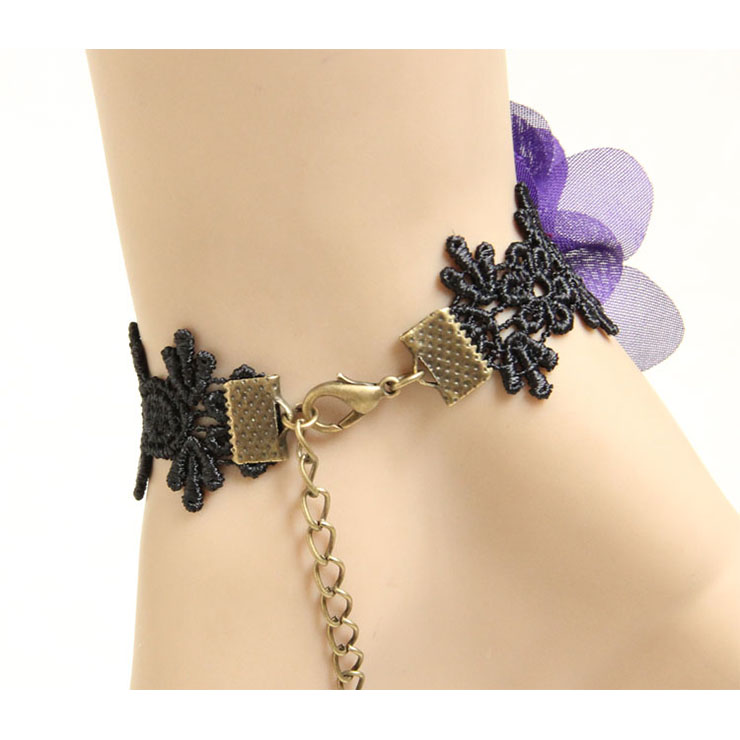 Vintage Bracelet, Retro Purple Gem  Bracelet, Cheap Wristband, Gothic Black Bracelet, Victorian Black Lace Bracelet, Retro Black Wristband, Bracelet with Ring, #J18075