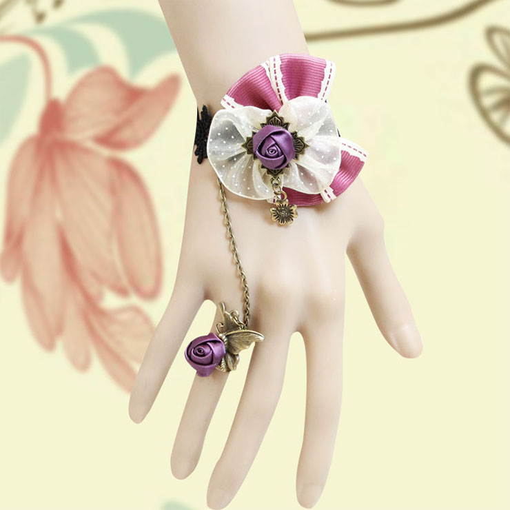 Vintage Black Wristband Purple Rose Bowknot  Embellished Bracelet with Ring J18083