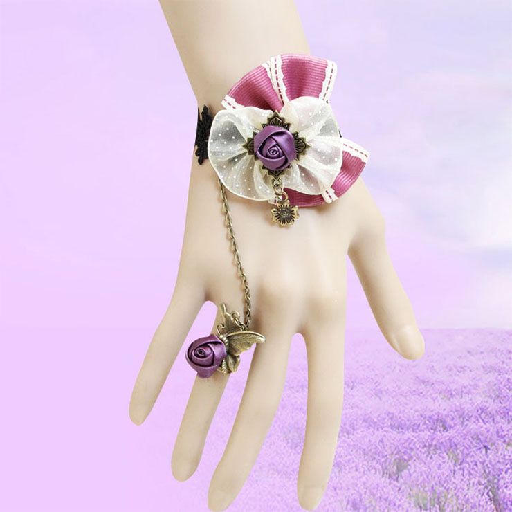 Vintage Bracelet, Vintage Purple Rose Bracelet, Cheap Wristband, Gothic Bowknot Bracelet, Victorian Black Lace Bracelet, Retro Black Wristband, Bracelet with Ring, #J18083