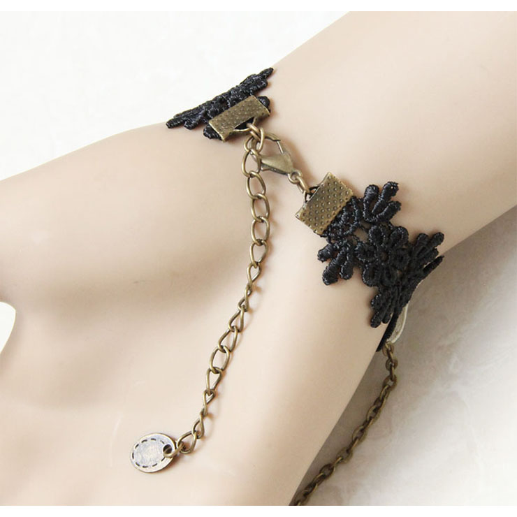 Vintage Bracelet, Vintage Purple Rose Bracelet, Cheap Wristband, Gothic Bowknot Bracelet, Victorian Black Lace Bracelet, Retro Black Wristband, Bracelet with Ring, #J18083