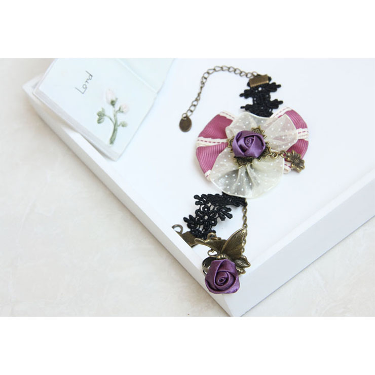 Vintage Bracelet, Vintage Purple Rose Bracelet, Cheap Wristband, Gothic Bowknot Bracelet, Victorian Black Lace Bracelet, Retro Black Wristband, Bracelet with Ring, #J18083