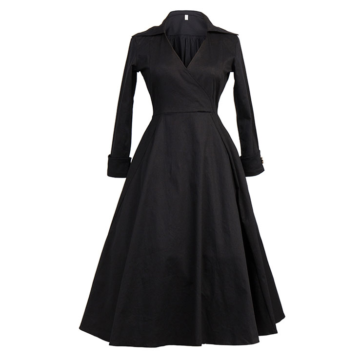 Elegant Black V Neck Long Sleeve High Waist Belted Vintage Midi Dress N22669