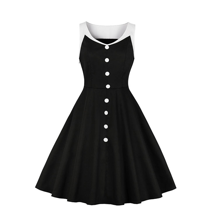 Vintage Black and White Patchwork V Neckline Sleeveless High Waist Midi Dress N18585