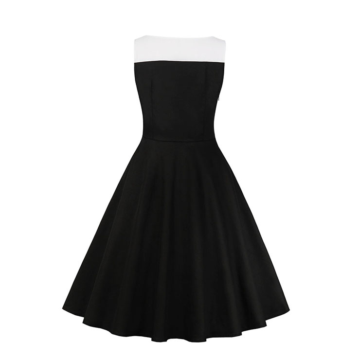 Vintage Lapel Dress, Vintage Dresses for Women, Sexy Black Dresses for Women Cocktail Party, Vintage High Waist Dress, Sleeveless Swing Daily Dress, Vintage Black and White Swing Dress, #N18585