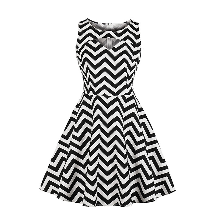 Vintage Black and White Waves Pattern Sleeveless Hollow Out High Waist Midi Dress N18493