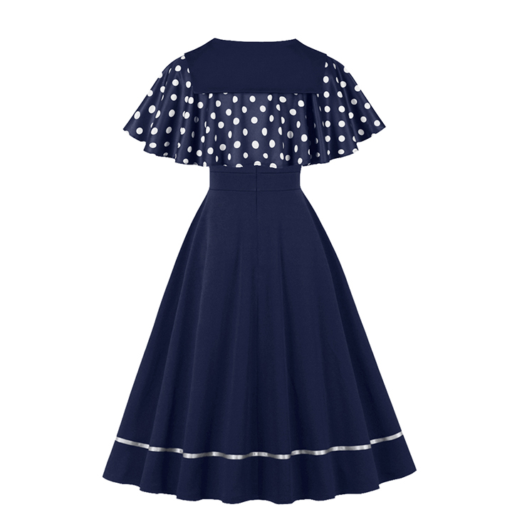 Elevate your vintage style with this 2-piece Polka Dot & Navy Blue Dress Set. Includes a Peter Pan collar cape with white polka dots and bow-tie, plus a sleeveless navy A-line dress with matching white hem trim. Perfect for garden parties, vintage events, or everyday elegance. Wear the cape alone or as a full set for a timeless look. #N23933