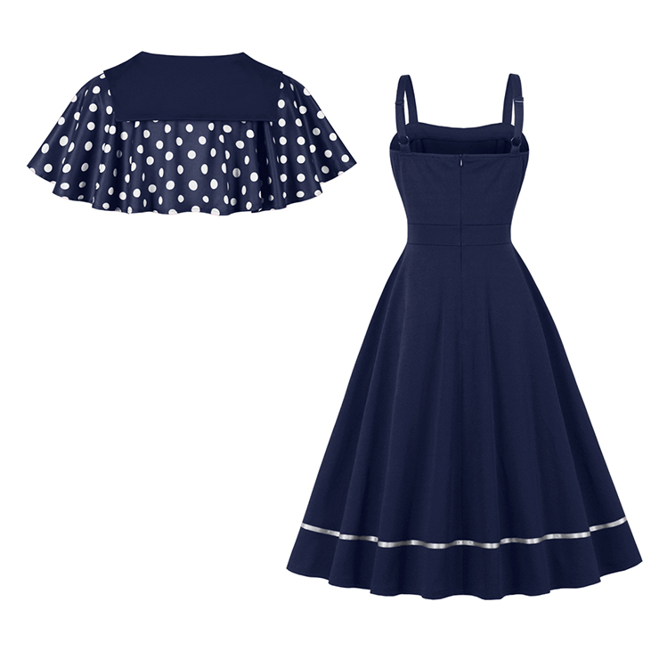 Elevate your vintage style with this 2-piece Polka Dot & Navy Blue Dress Set. Includes a Peter Pan collar cape with white polka dots and bow-tie, plus a sleeveless navy A-line dress with matching white hem trim. Perfect for garden parties, vintage events, or everyday elegance. Wear the cape alone or as a full set for a timeless look. #N23933