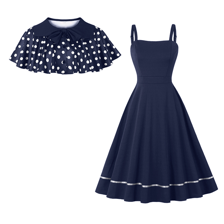Elevate your vintage style with this 2-piece Polka Dot & Navy Blue Dress Set. Includes a Peter Pan collar cape with white polka dots and bow-tie, plus a sleeveless navy A-line dress with matching white hem trim. Perfect for garden parties, vintage events, or everyday elegance. Wear the cape alone or as a full set for a timeless look. #N23933