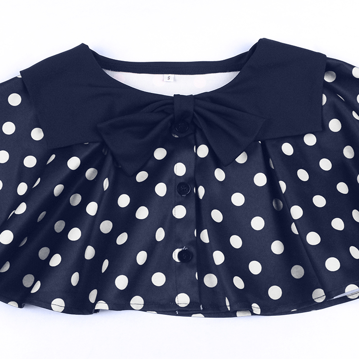 Elevate your vintage style with this 2-piece Polka Dot & Navy Blue Dress Set. Includes a Peter Pan collar cape with white polka dots and bow-tie, plus a sleeveless navy A-line dress with matching white hem trim. Perfect for garden parties, vintage events, or everyday elegance. Wear the cape alone or as a full set for a timeless look. #N23933
