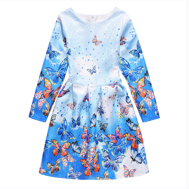 Girl's Vintage Blue Long Sleeve Round Collar 50's Butterfly Print A-Line Dress N15500