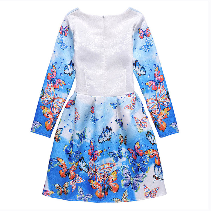 Rose Print Dress, Long Sleeve Dress, Round Collar Dress, Girls Lovely Dress, Vintage Dresses for Girls, Girls Swing Dress, Back Zipper Dress, A-Line Dress, #N15500
