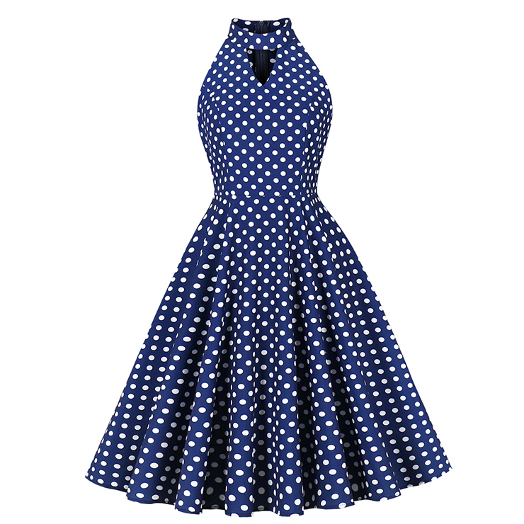 Vintage Blue Polka Dot Halter Swing Dress 1950s Style N23936