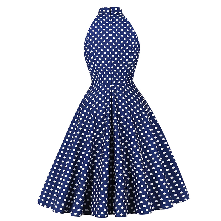 vintage dress, blue polka dot dress, halter swing dress, 1950s retro dress, pin - up dress, keyhole neck dress, flared skirt dress, summer dress, cocktail dress, rockabilly dress, feminine dress, classic polka dot, halter neck dress, vintage inspired, party dress #N23936
