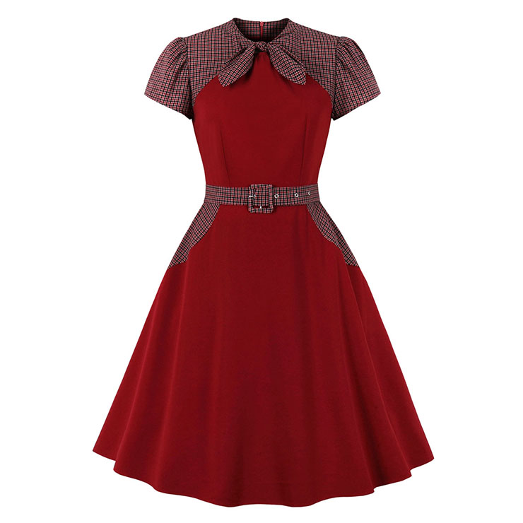 1950's Vintage Checkered Bowknot Neckline Short Sleeves High Waist Belted Cocktail Midi Dress N21495