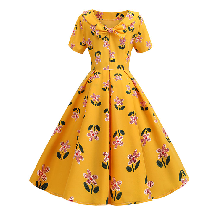 Vintage Floral Print Turn-down Bowknot Collar Short Sleeve Cocktail Party Swing Dress N20336