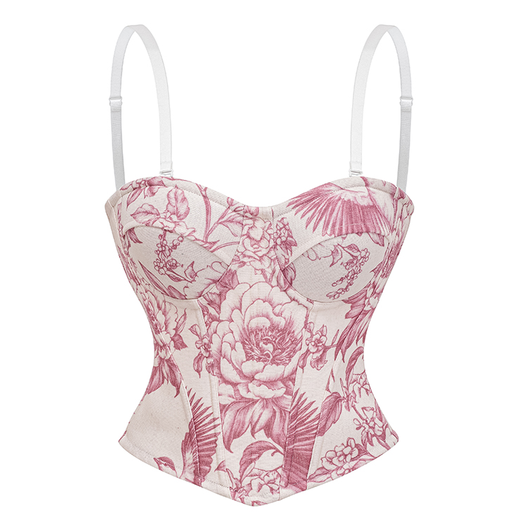 floral corset, vintage bustier, jacquard corset top, Victorian waist cincher, pink floral print, adjustable strap corset, front zipper corset, sweetheart neckline, botanical corset, romantic lingerie, steampunk top, elegant bodysuit, waist training corset, retro bustier, feminine lace up #N23910