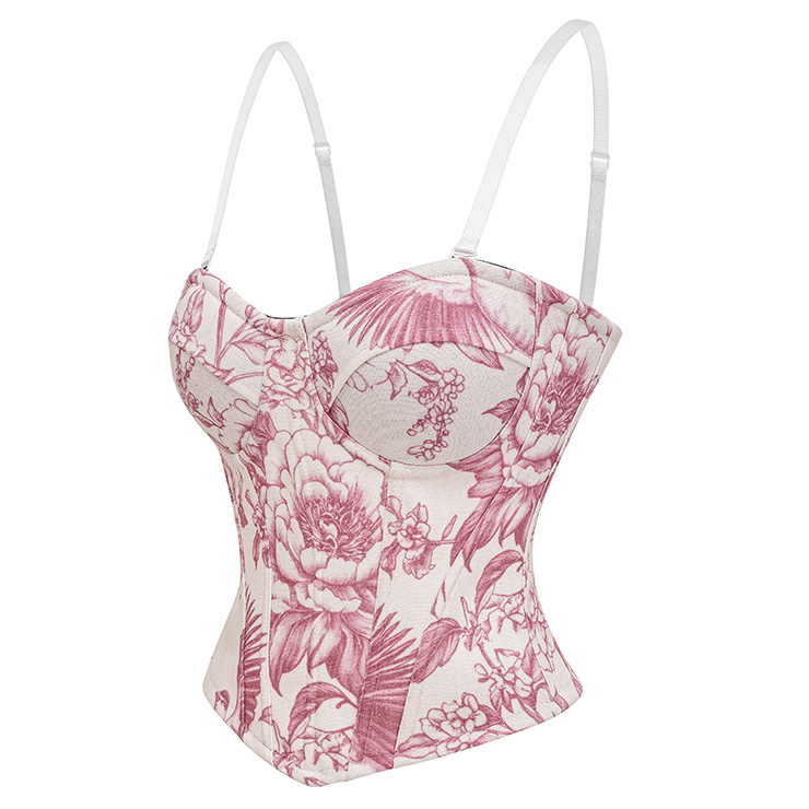 floral corset, vintage bustier, jacquard corset top, Victorian waist cincher, pink floral print, adjustable strap corset, front zipper corset, sweetheart neckline, botanical corset, romantic lingerie, steampunk top, elegant bodysuit, waist training corset, retro bustier, feminine lace up #N23910