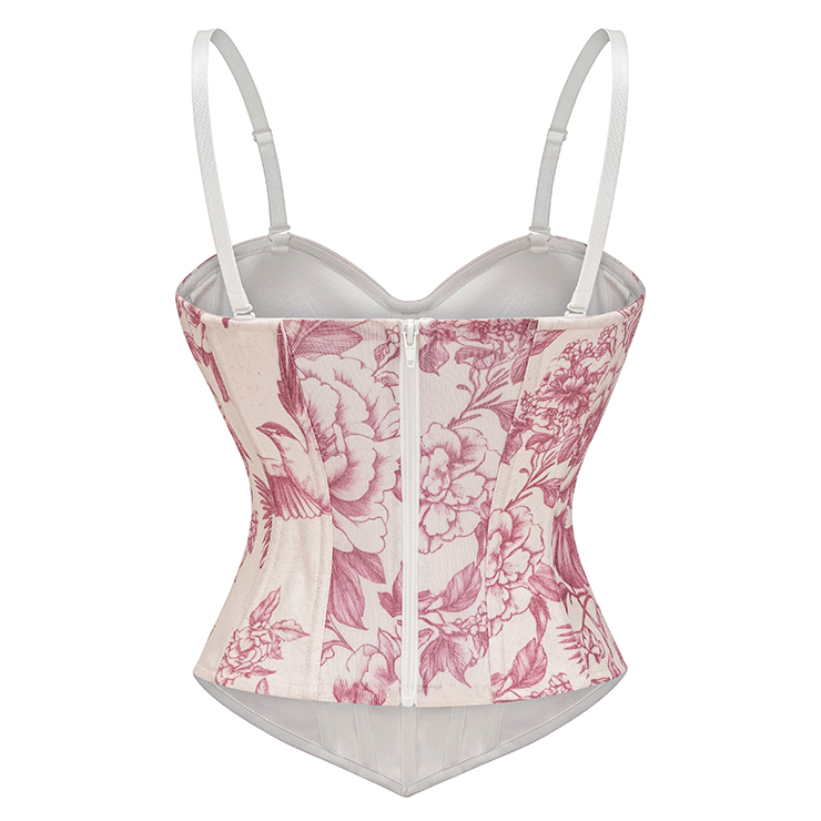 floral corset, vintage bustier, jacquard corset top, Victorian waist cincher, pink floral print, adjustable strap corset, front zipper corset, sweetheart neckline, botanical corset, romantic lingerie, steampunk top, elegant bodysuit, waist training corset, retro bustier, feminine lace up #N23910