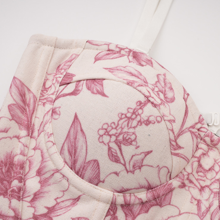 floral corset, vintage bustier, jacquard corset top, Victorian waist cincher, pink floral print, adjustable strap corset, front zipper corset, sweetheart neckline, botanical corset, romantic lingerie, steampunk top, elegant bodysuit, waist training corset, retro bustier, feminine lace up #N23910