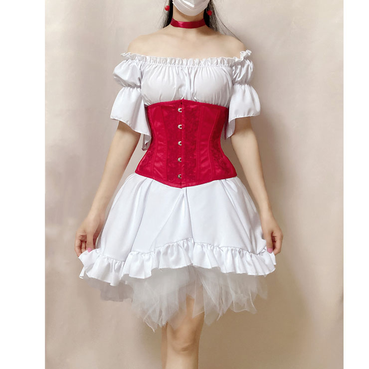 Vintage Spiral Steel Bone Embroidery Underbust Corset with Ruffle Off-shoulder High-low Dress N21921