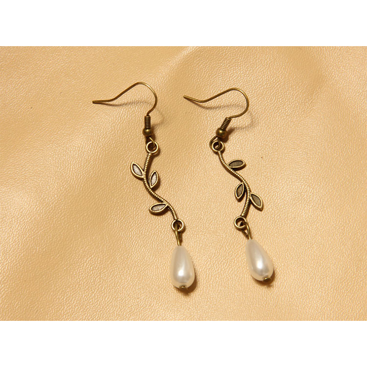 Retro Bronze Metal Vine Earrings, Gothic Style Vine Earrings, Fashion White Pearl Earrings for Women, Vintage White Pearl Earrings, Casual Vine and Pearl Earrings, Victorian Gothic Bronze Metal Vine and Pearl Earrings, Fashion White Pearl Earrings, #J18440
