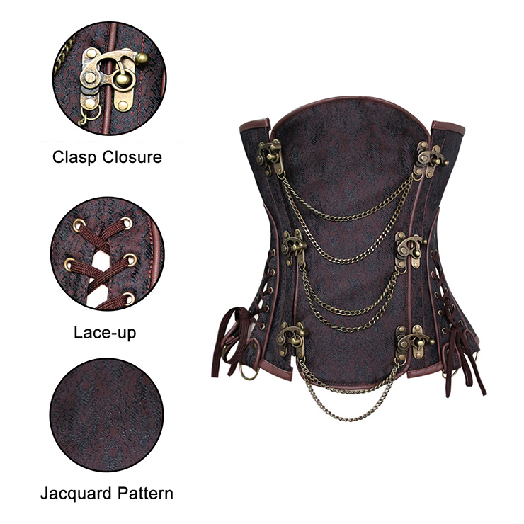 Sexy Brown Underbust Corset, Steel Boned Corset, Cheap Waist Cincher Corset, Vintage Jacquard Underbust Corset, Steampunk Corset, Steel Boned Waist Cincher, #N10634
