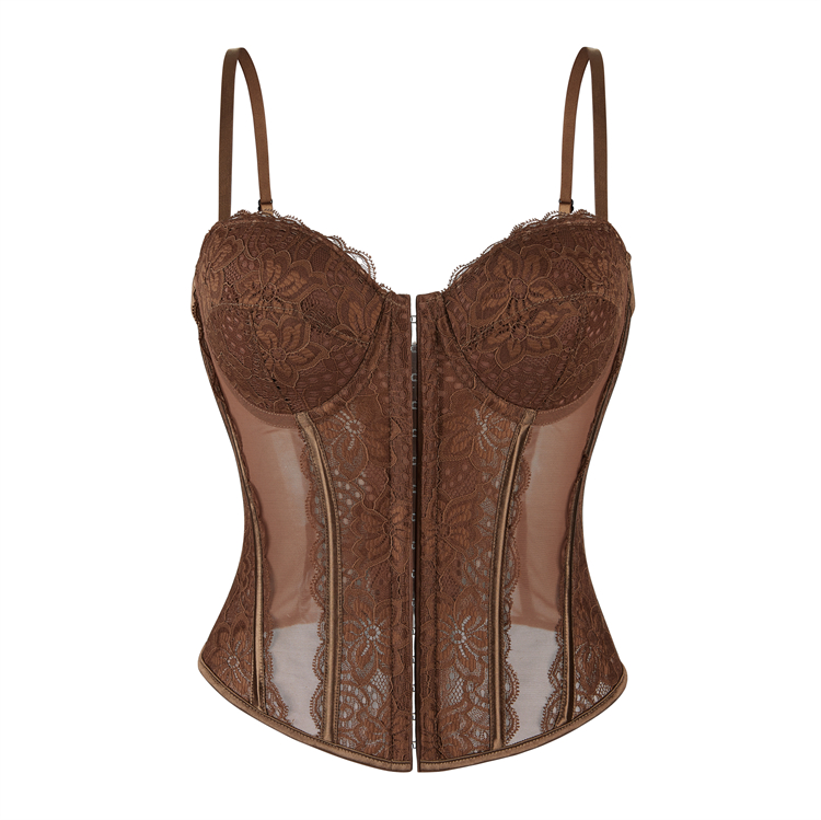 Brown Elegant Corset​​ - Vintage Lace Bustier with Front Paikou N23793