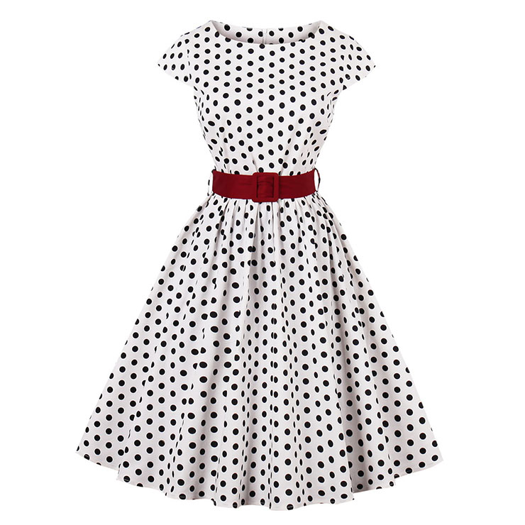 Cap Sleeve Dress, Round Collar Dress, Dot Print Dress, Vintage Dress for Women, Back Zipper Dress, Midi Vintage Dress, Slim Waist Dress, #N15424