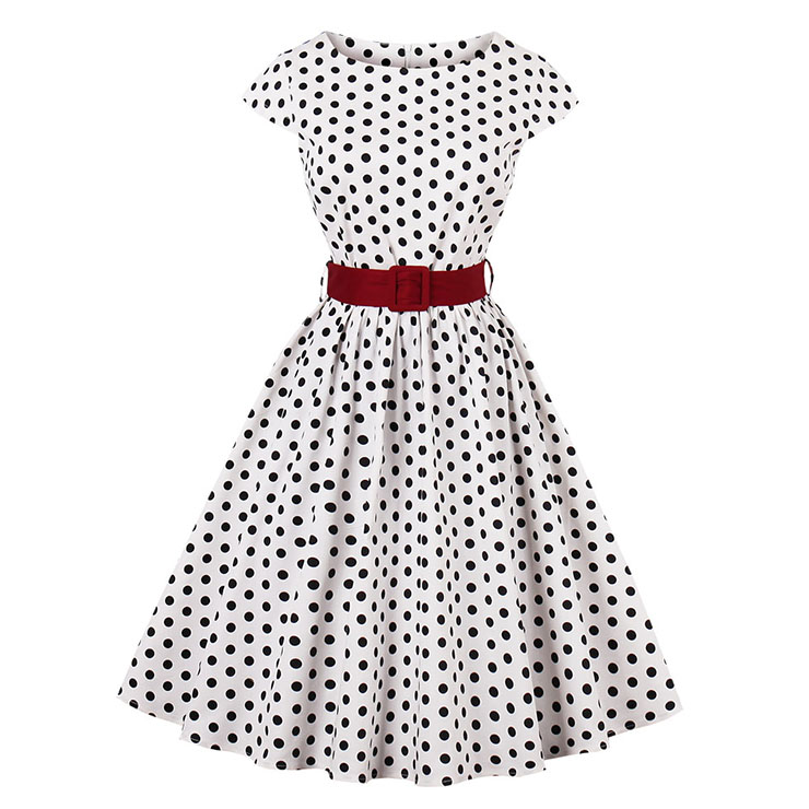 Women's Vintage Cap Sleeve Round Collar Dot Print Dress with Belt N15424