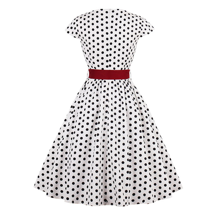Cap Sleeve Dress, Round Collar Dress, Dot Print Dress, Vintage Dress for Women, Back Zipper Dress, Midi Vintage Dress, Slim Waist Dress, #N15424