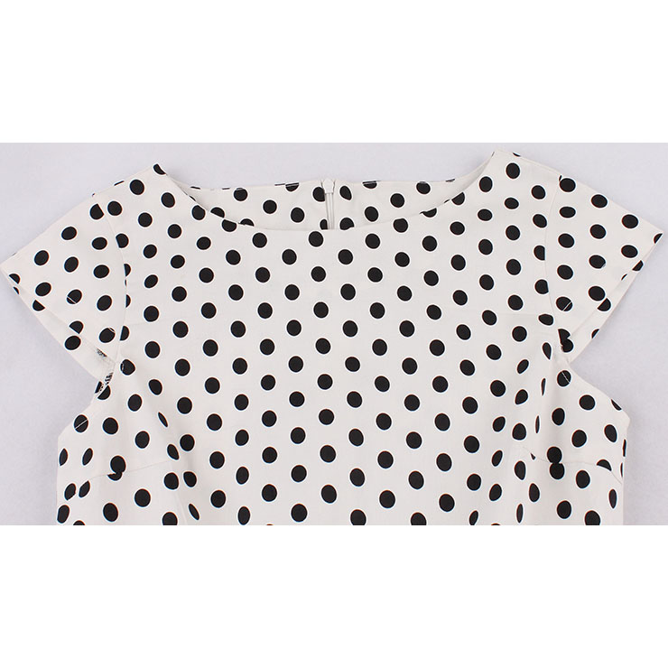 Cap Sleeve Dress, Round Collar Dress, Dot Print Dress, Vintage Dress for Women, Back Zipper Dress, Midi Vintage Dress, Slim Waist Dress, #N15424