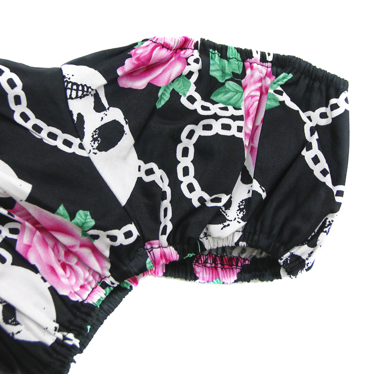 Skull and Flower Print T-shirt, Vintage Casual Short Sleeve Tops, Printed Slim Fit T-shirt, Women