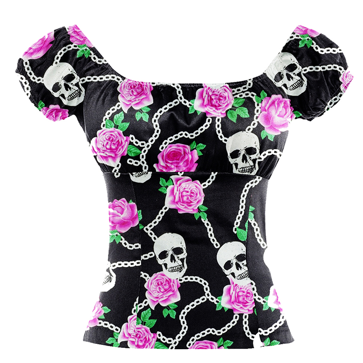 Vintage Casual Skull and Flower Print Short Sleeve Off Shoulder T-shirt N17144