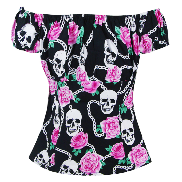 Skull and Flower Print T-shirt, Vintage Casual Short Sleeve Tops, Printed Slim Fit T-shirt, Women