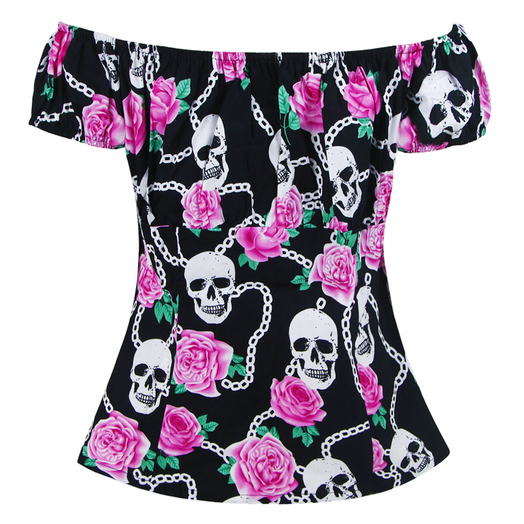 Skull and Flower Print T-shirt, Vintage Casual Short Sleeve Tops, Printed Slim Fit T-shirt, Women