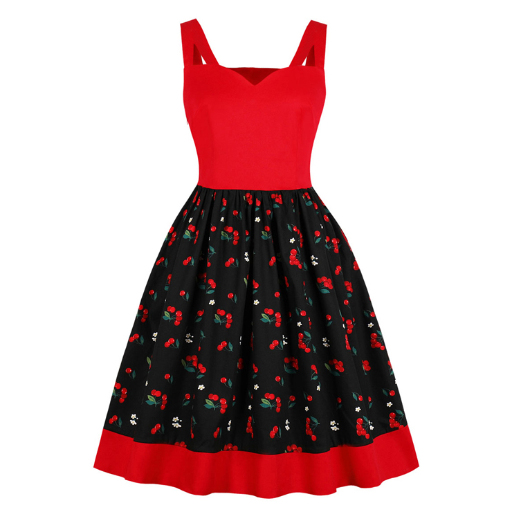 Vintage Cherry Pattern Spaghetti Straps Sweetheart Bodice Summer Swing Dress N18758