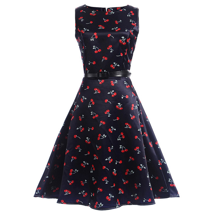Girl's Vintage Cherry Print Sleeveless Round Collar Swing Dress N15480