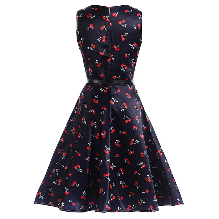 Vintage Dresses for Girls, Floral Print Dress, Sleeveless Dress, Round Collar Dress, Back Zipper Dress, Retro Dresses for Girls, Swing Dress, #N15480