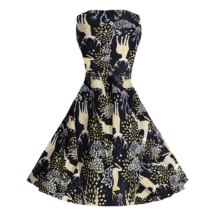 Vintage Dress for Women Black, Christmas Dresses for Women Cocktail Party, Casual Swing Dress, Sleeveless Swing Dress, Christmas Reindeer Print Dress, Christmas Party Dress, #N18276