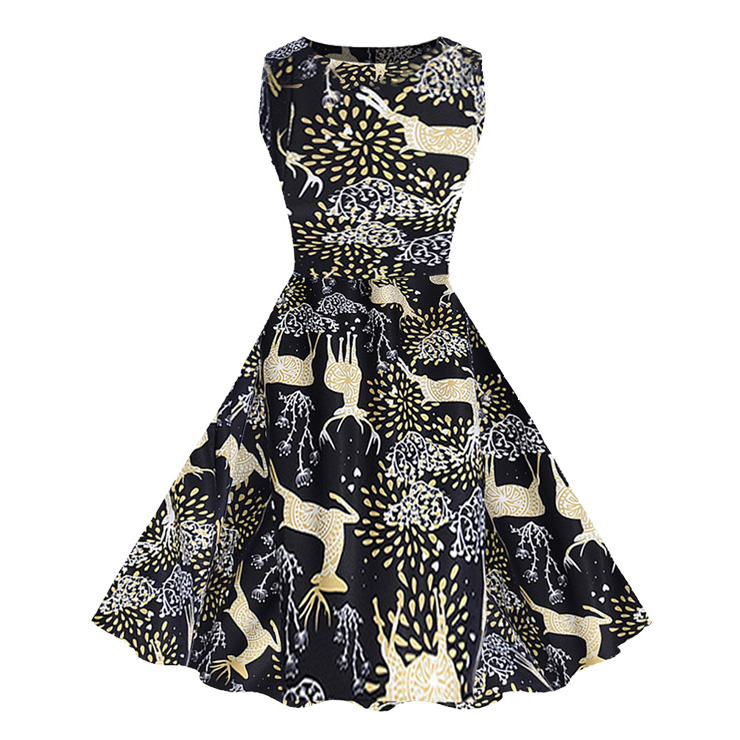 Vintage Dress for Women Black, Christmas Dresses for Women Cocktail Party, Casual Swing Dress, Sleeveless Swing Dress, Christmas Reindeer Print Dress, Christmas Party Dress, #N18276