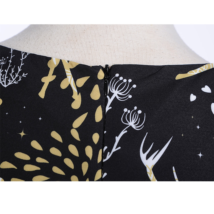 Vintage Dress for Women Black, Christmas Dresses for Women Cocktail Party, Casual Swing Dress, Sleeveless Swing Dress, Christmas Reindeer Print Dress, Christmas Party Dress, #N18276