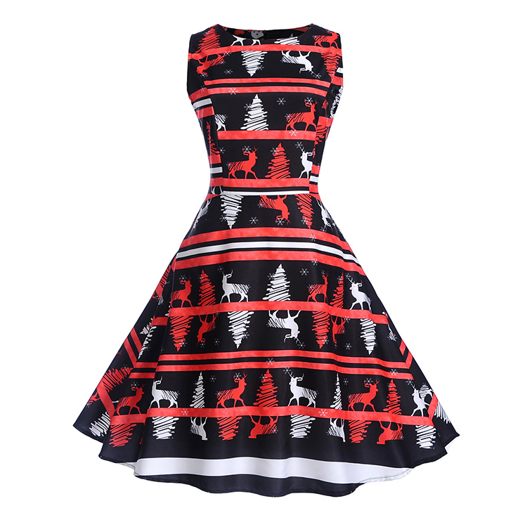 Vintage Round Neck Christmas Tree and Reindeer Print Sleeveless High Waist Swing Dress N18277