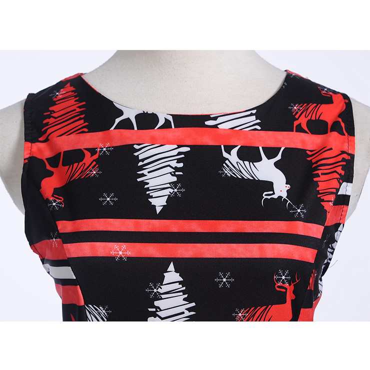Vintage Dress for Women Black, Christmas Dresses for Women Cocktail Party, Casual Swing Dress, Sleeveless Swing Dress, Christmas Reindeer Print Dress, Christmas Party Dress, #N18277